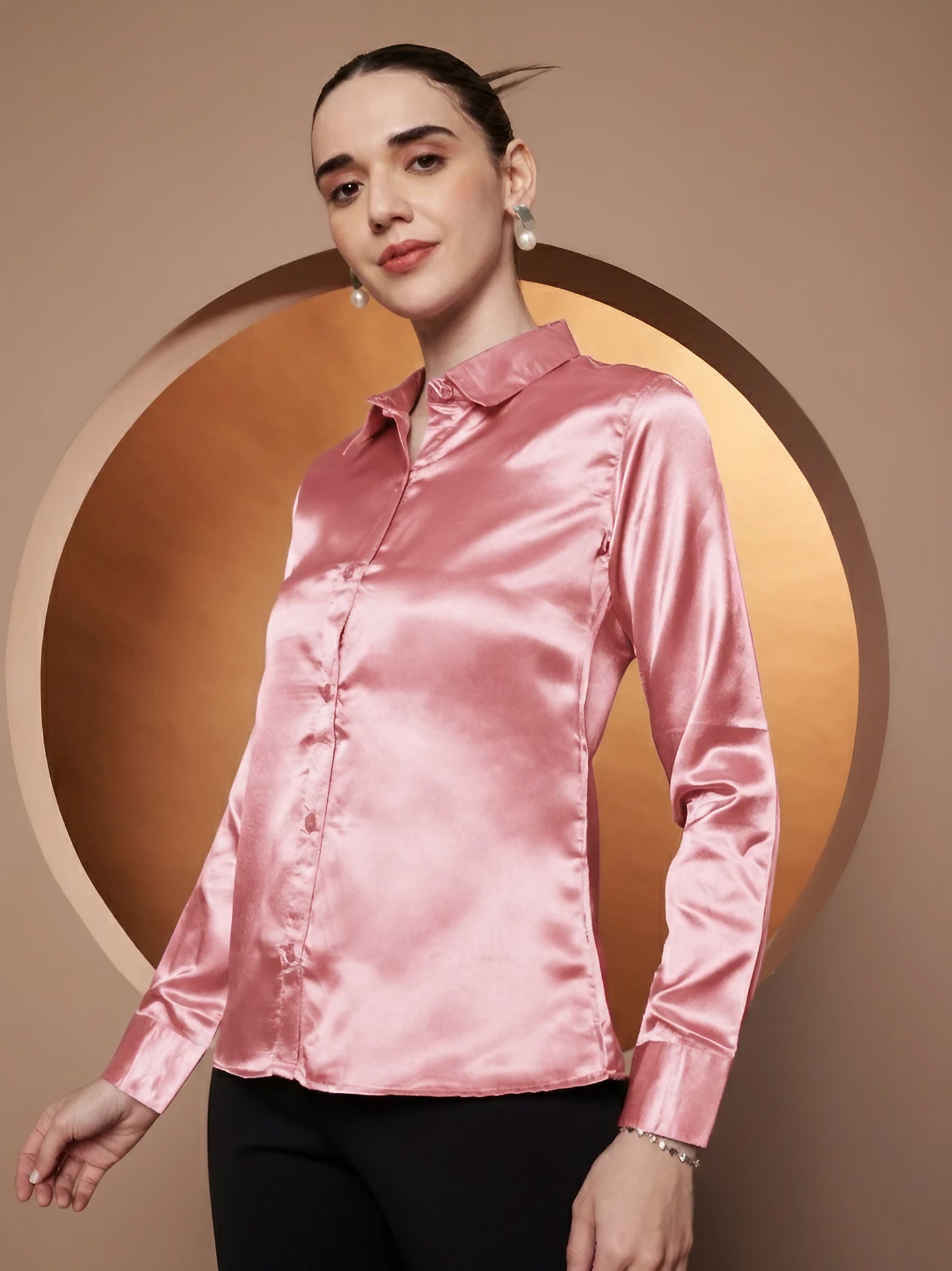 Spread Collar Long Sleeves Satin Classic Shirt