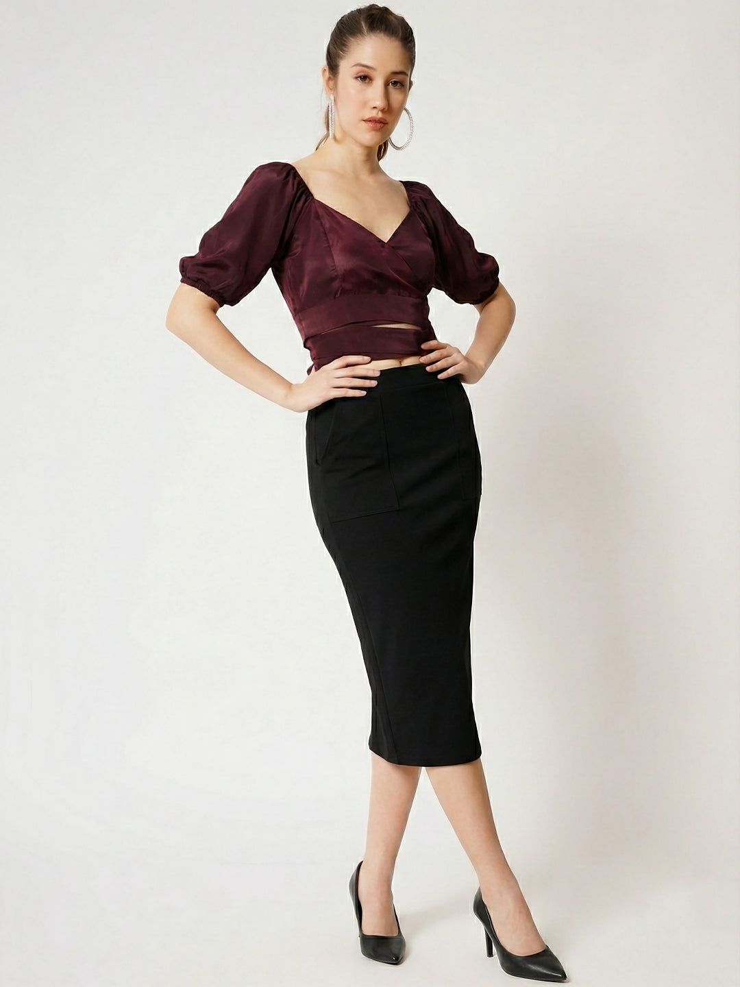 Puff Sleeves Crepe Cut Out Wrap Crop Top front