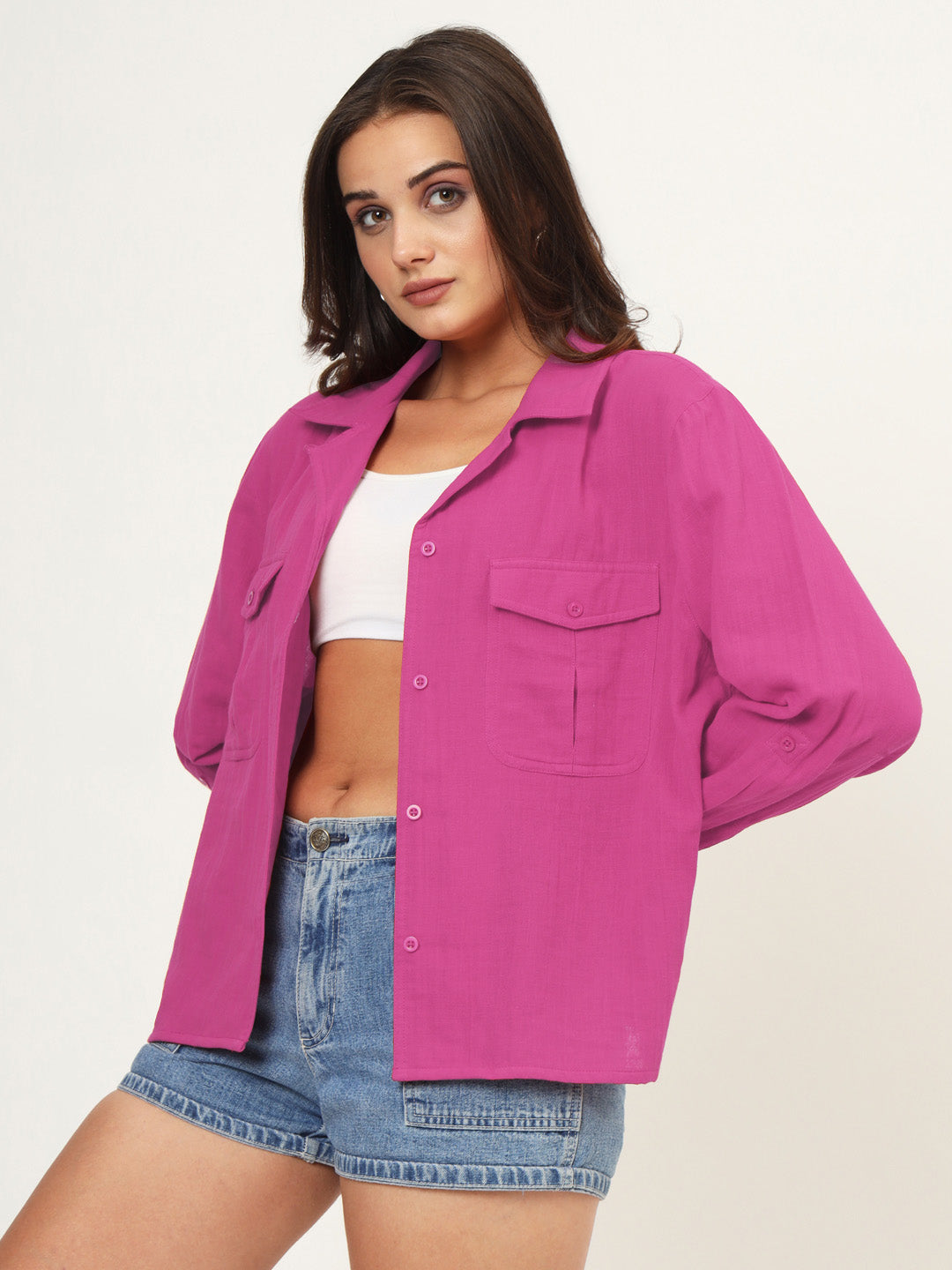 Women Classic Fit Solid Spread Collar Cotton Casual Shirt