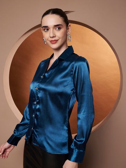 Spread Collar Satin Casual Shirt