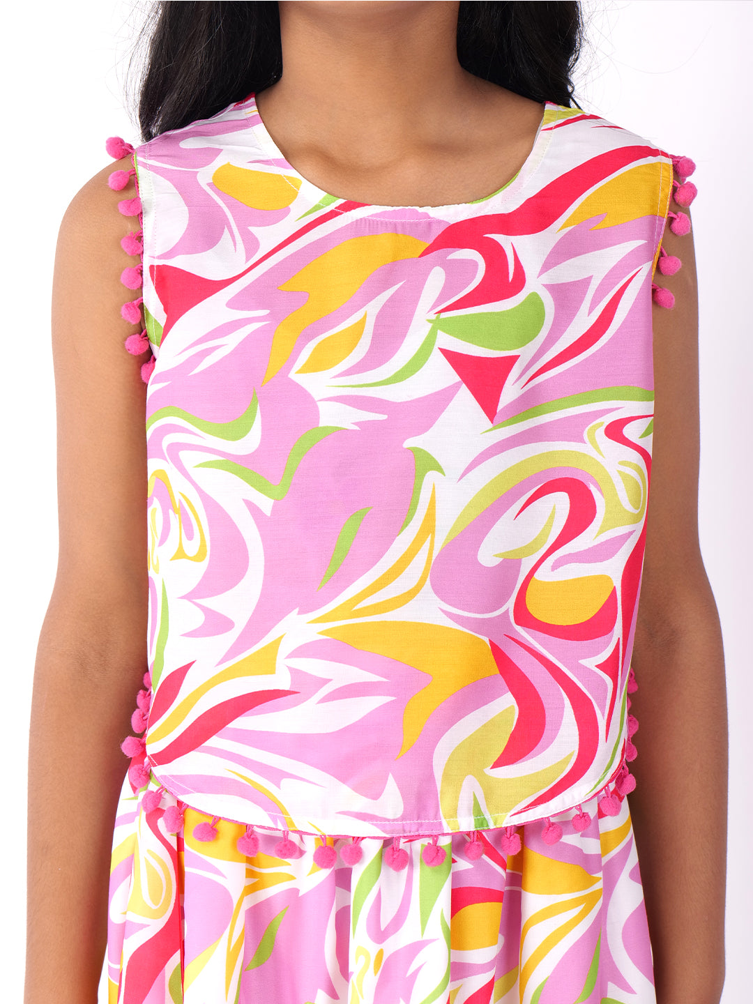 Girls Abstract Printed Round Neck Top With Skirt
