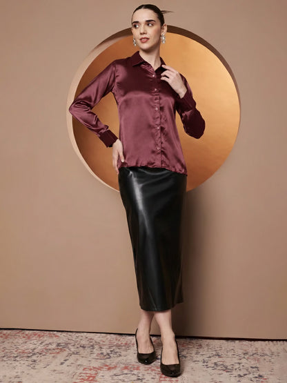 Women Maroon Classic Slim Fit Casual Shirt