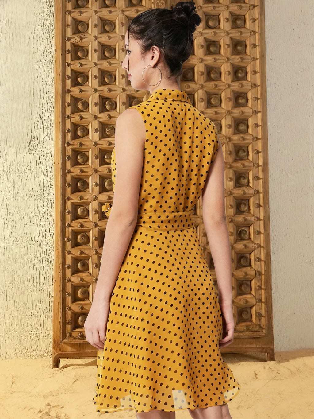 Tie-Up A-Line Polka Dot Yellow Dress