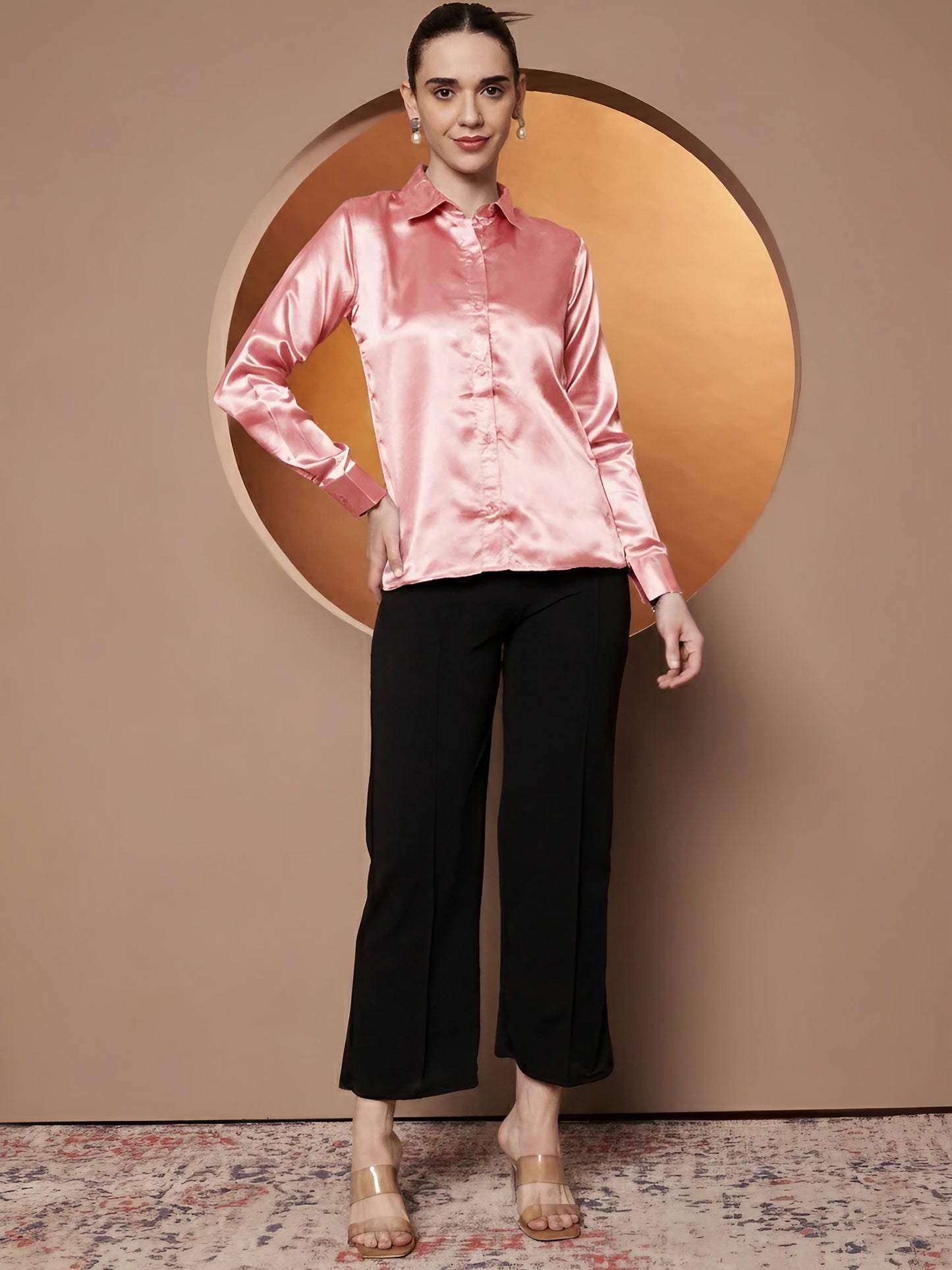 Spread Collar Long Sleeves Satin Classic Shirt