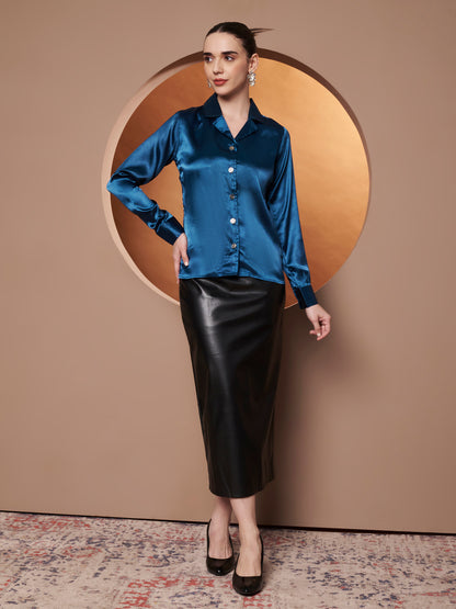 Spread Collar Satin Casual Shirt