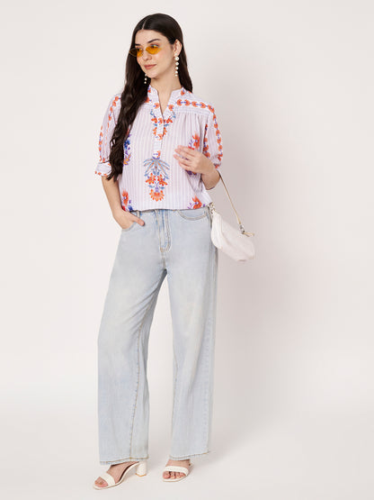 Women White Floral Printed Cotton Blend Top