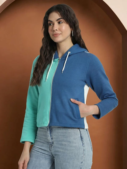 Colourblocked Hooded Cotton Front Open Sweatshirt