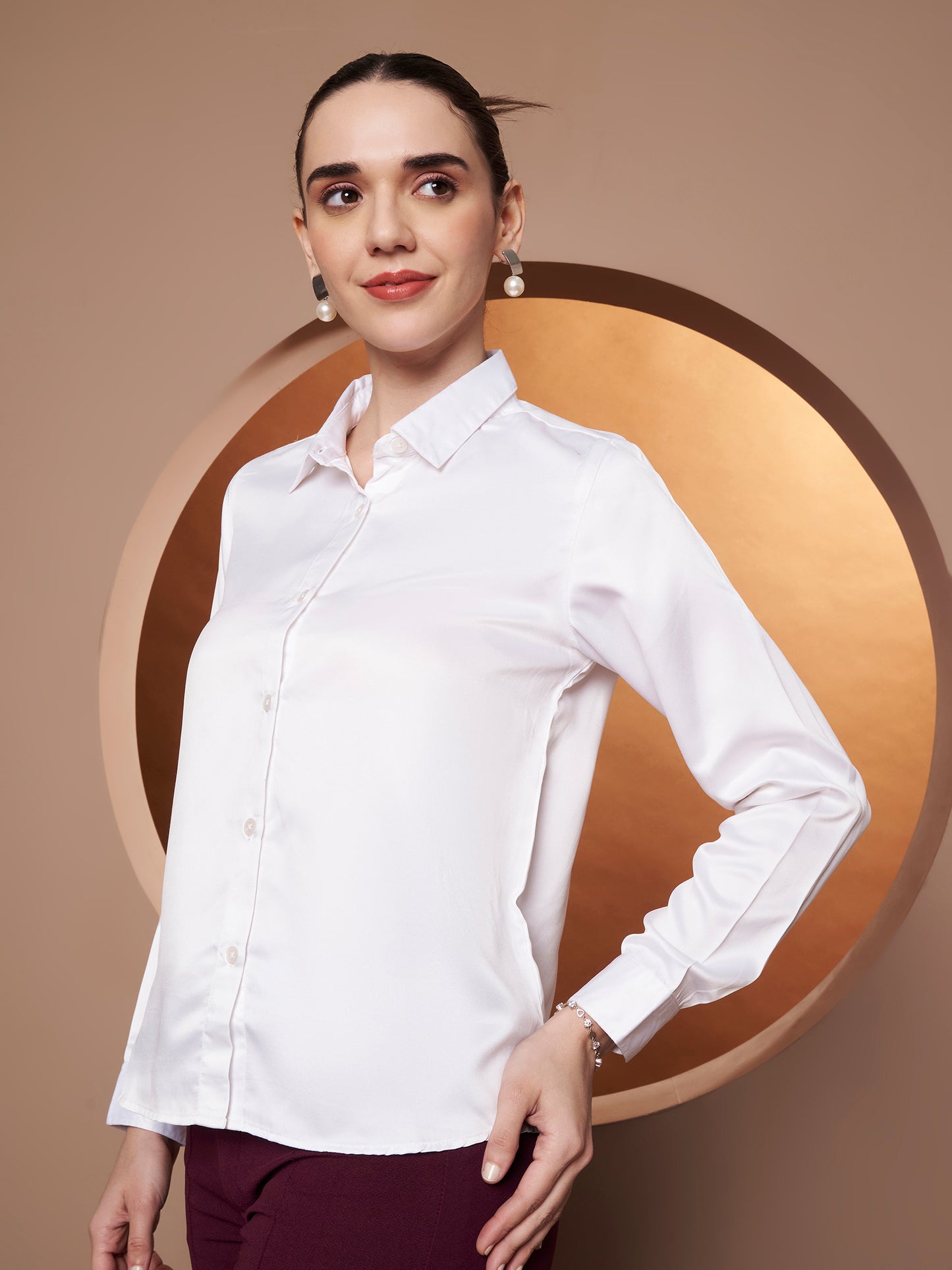 Women White Solid Slim Fit Satin Shirt