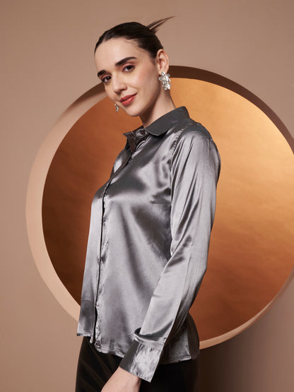 Women Grey Classic Slim Fit Casual Shirt