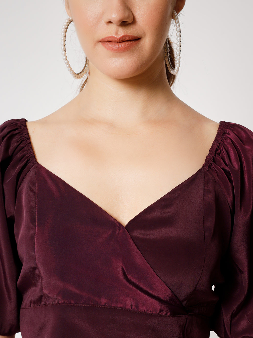 Puff Sleeves Crepe Cut Out Wrap Crop Top close up