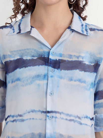 Women Blue Classic Horizontal Stripes Semi Sheer Casual Shirt