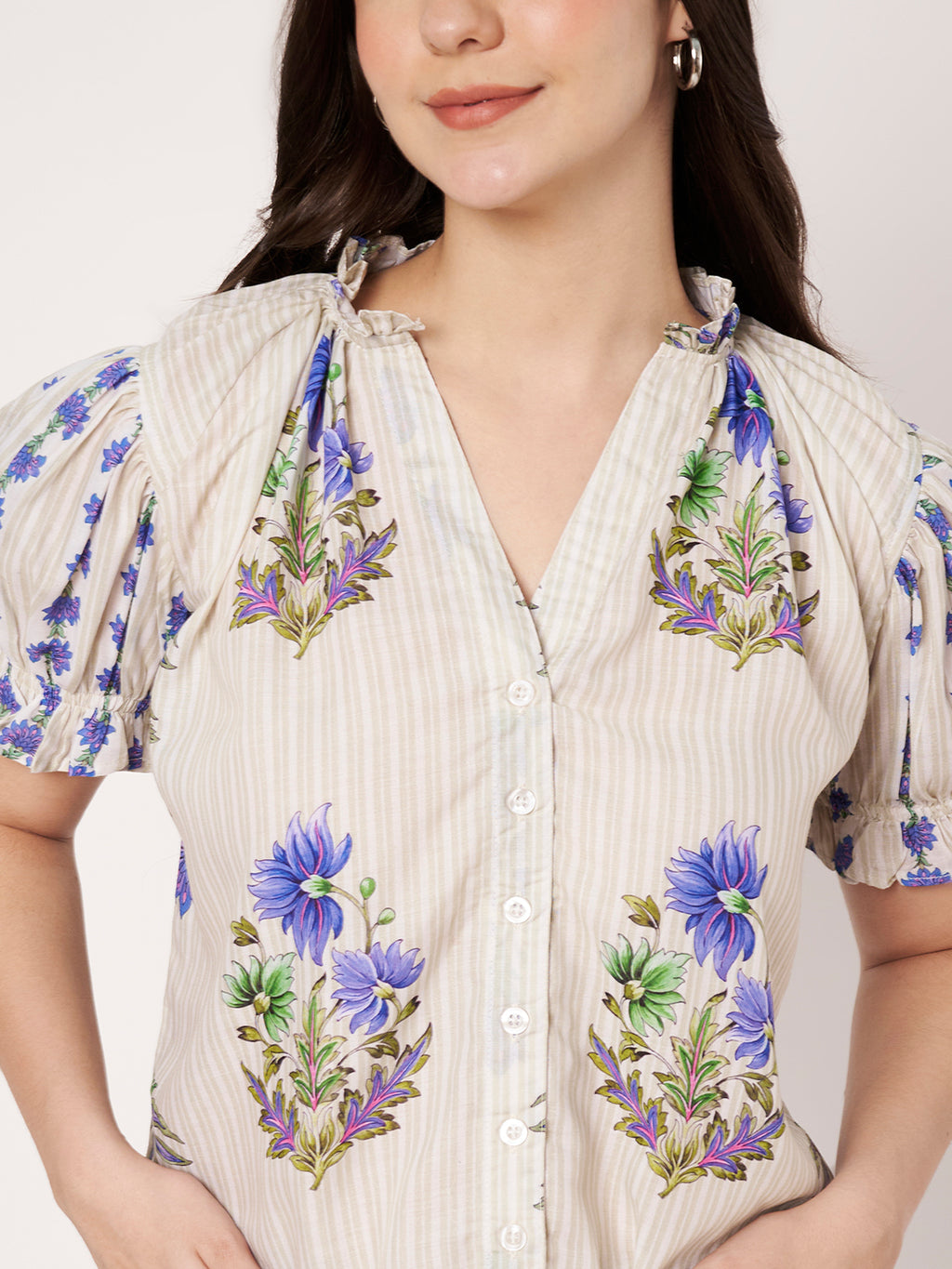 Women Off White Floral Printed Cotton Blend Top