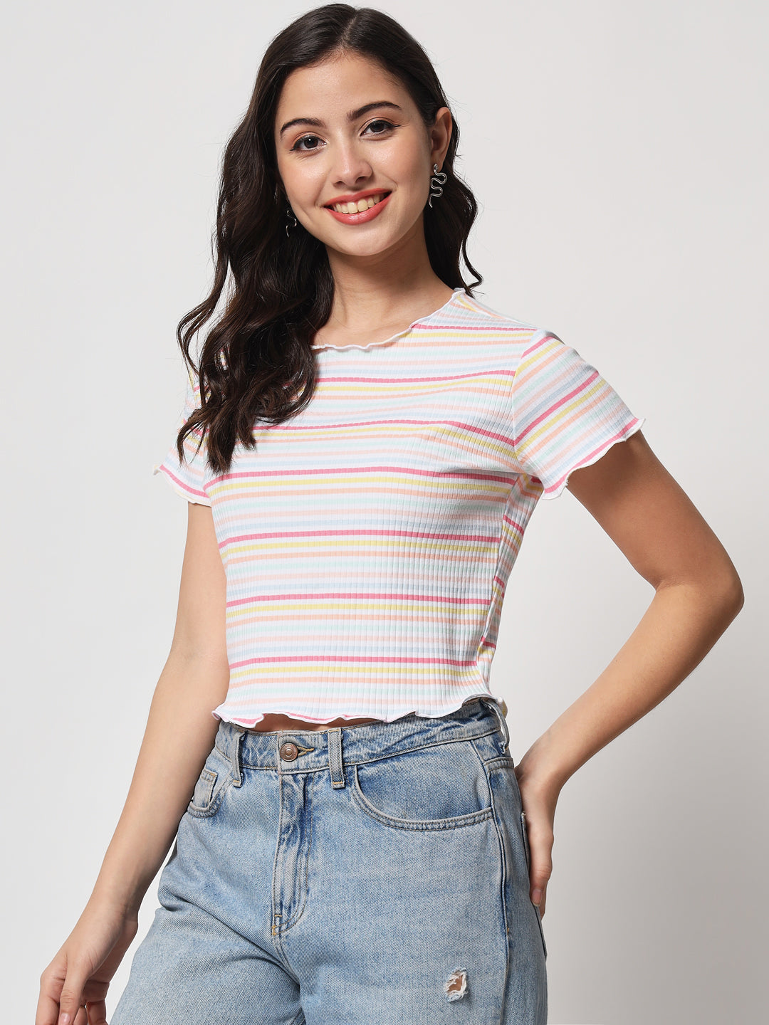 Women White & Yellow Striped Organic Cotton Crop Top