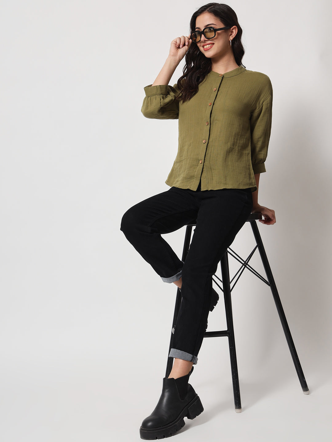 Mandarin Collar Cuffed Sleeves Cotton Shirt Style Top