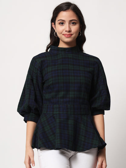 Women Blue Checked Peplum Top