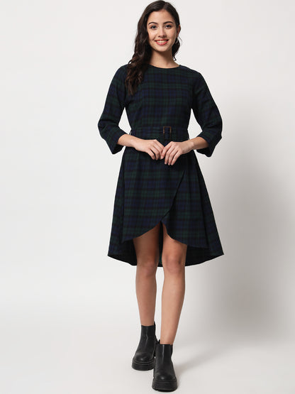 Women Blue And Green Tartan Checked Tulip Hemline Cotton A Line Dress