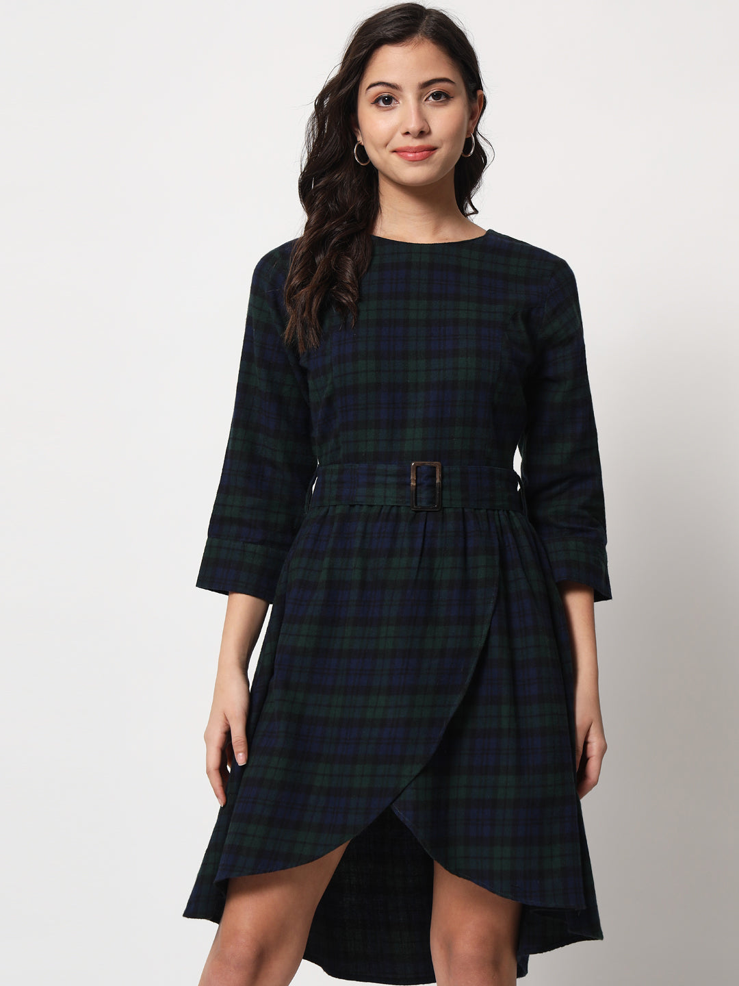 Women Blue And Green Tartan Checked Tulip Hemline Cotton A Line Dress