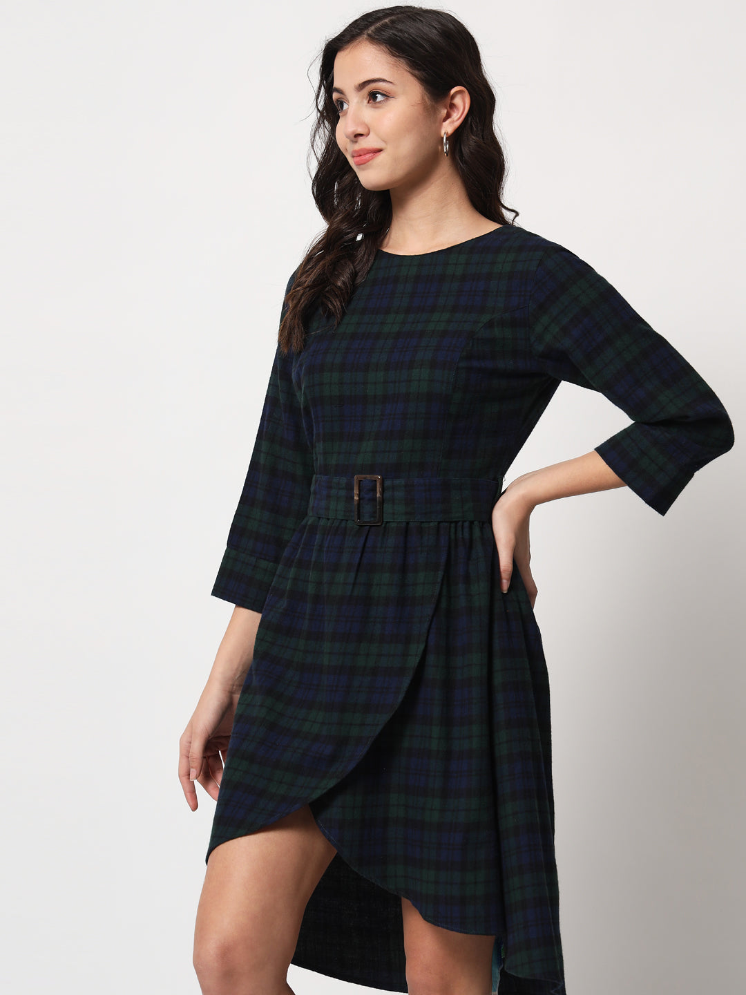 Women Blue And Green Tartan Checked Tulip Hemline Cotton A Line Dress