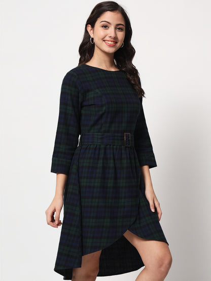 Women Blue And Green Tartan Checked Tulip Hemline Cotton A Line Dress