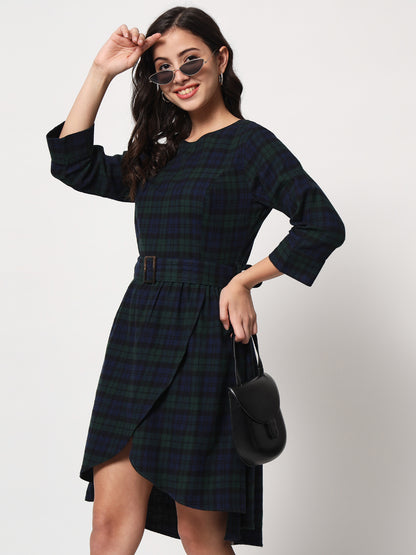 Women Blue And Green Tartan Checked Tulip Hemline Cotton A Line Dress