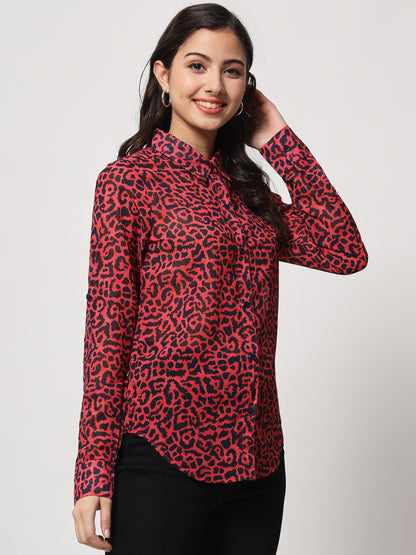 Women Red Relaxed Animal Printed Semi Sheer Casual Shirt