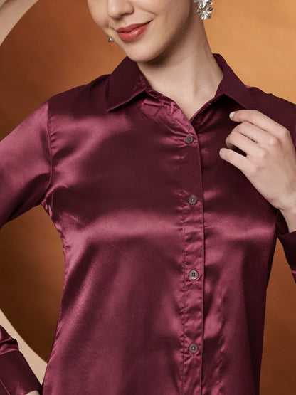 Women Maroon Classic Slim Fit Casual Shirt