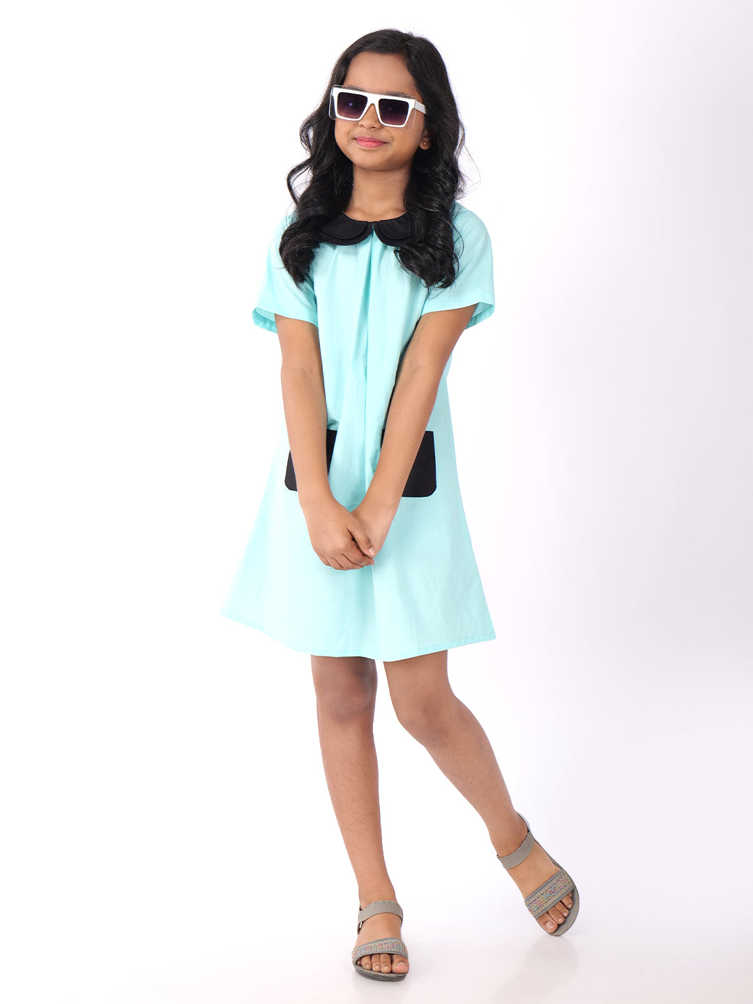 Girls Colourblocked Peter Pan Collar Cotton A-Line Dress