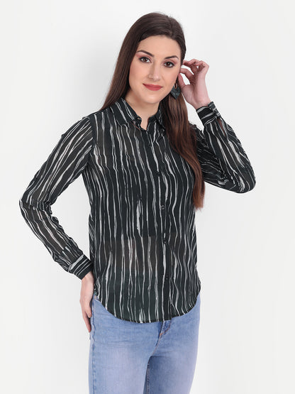 Women Navy Blue Relaxed Striped Casual Shirt