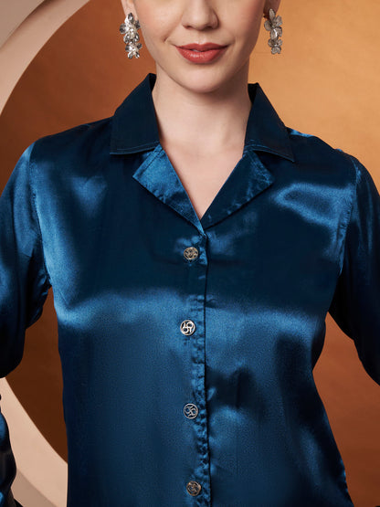 Spread Collar Satin Casual Shirt