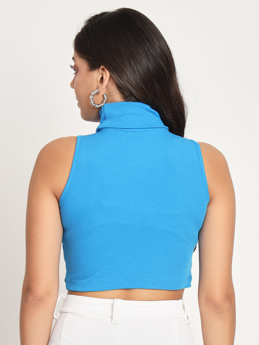 Back view of blue sleeveless high neck crop top