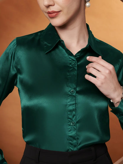 Women Green Satin Relaxed Formal Shirt