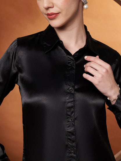 Spread Collar Long Sleeves Satin Classic Shirt