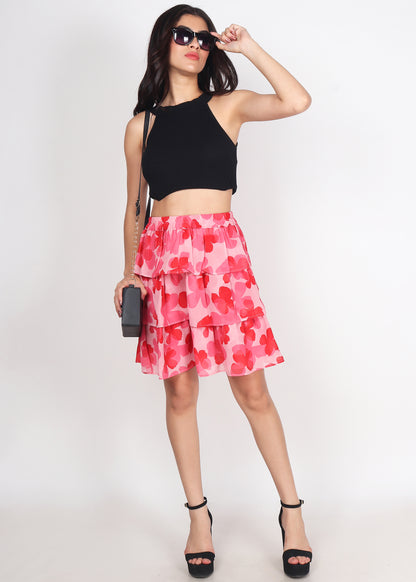 Women Floral Printed Flared Pink Skirt