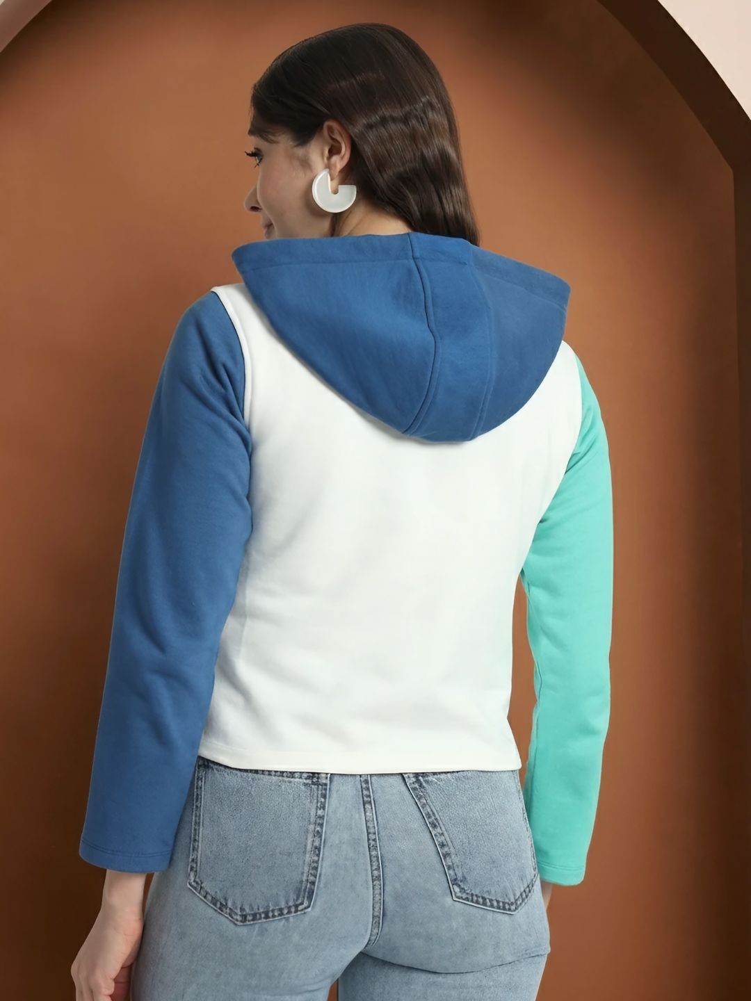 Colourblocked Hooded Cotton Front Open Sweatshirt