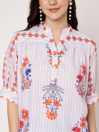Women White Floral Printed Cotton Blend Top
