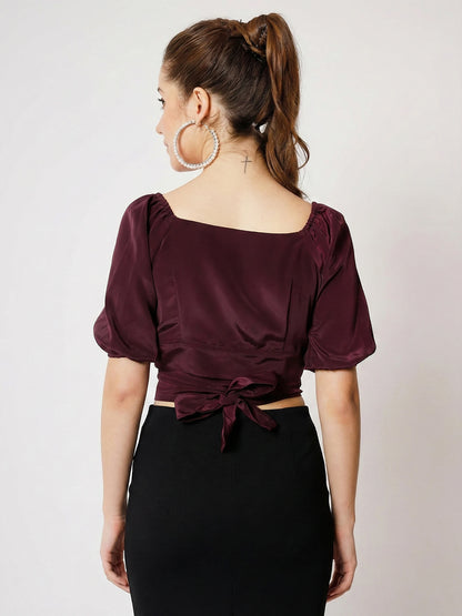 Puff Sleeves Crepe Cut Out Wrap Crop Top back side