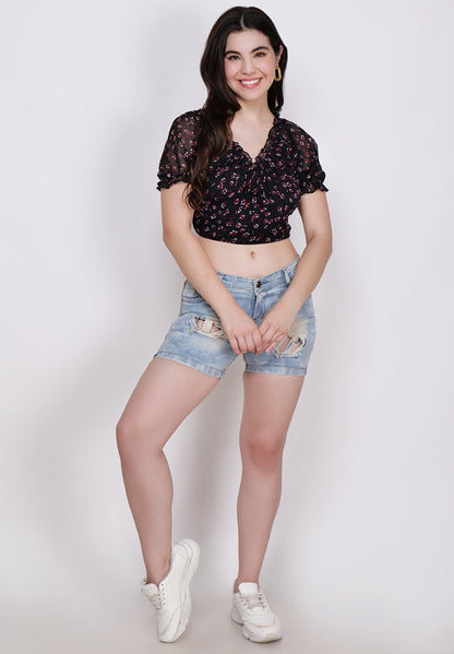 Women's Floral Printed Blouson Black Crop Top