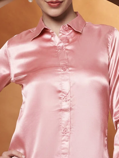 Spread Collar Long Sleeves Satin Classic Shirt