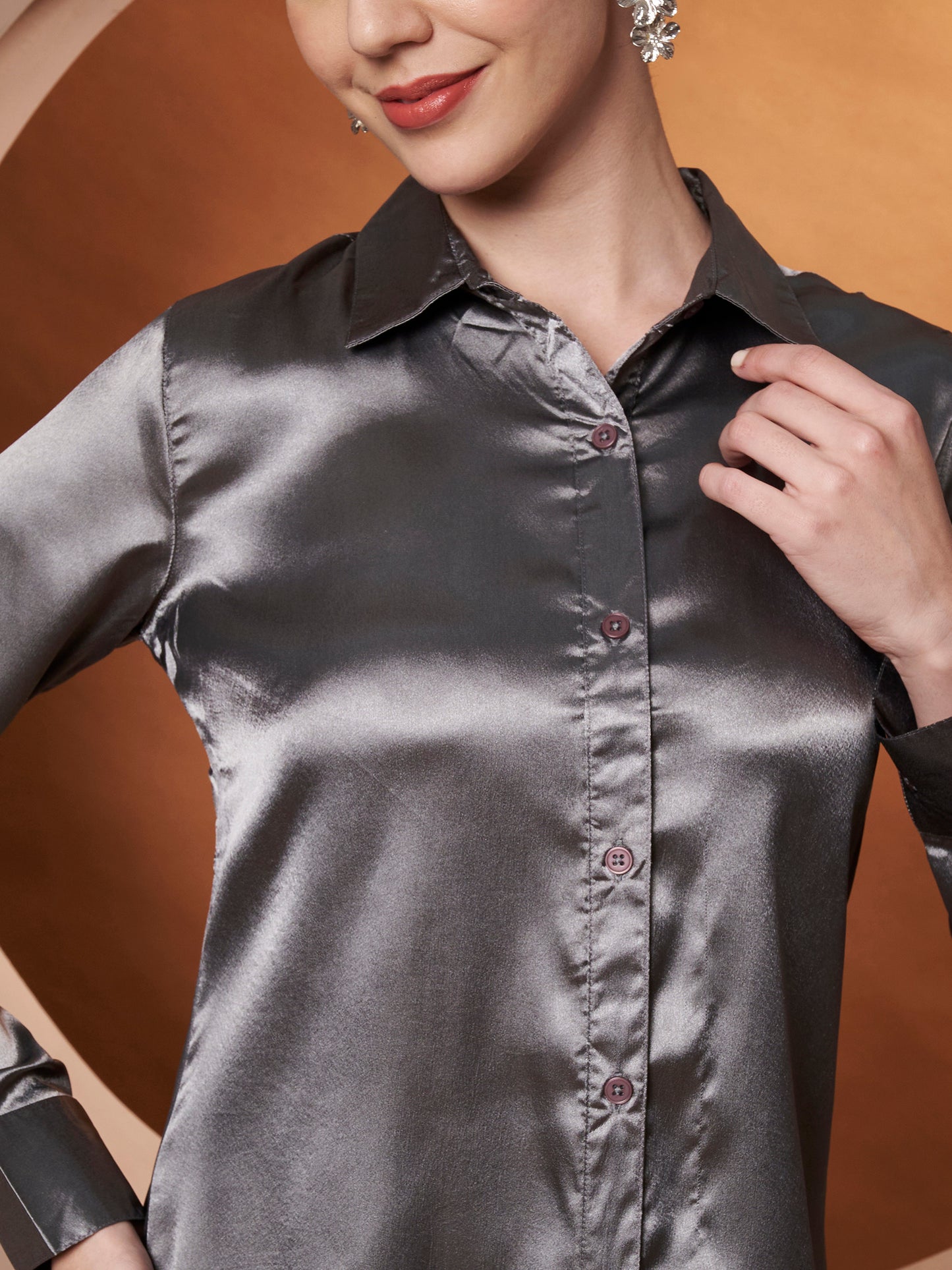 Women Grey Classic Slim Fit Casual Shirt