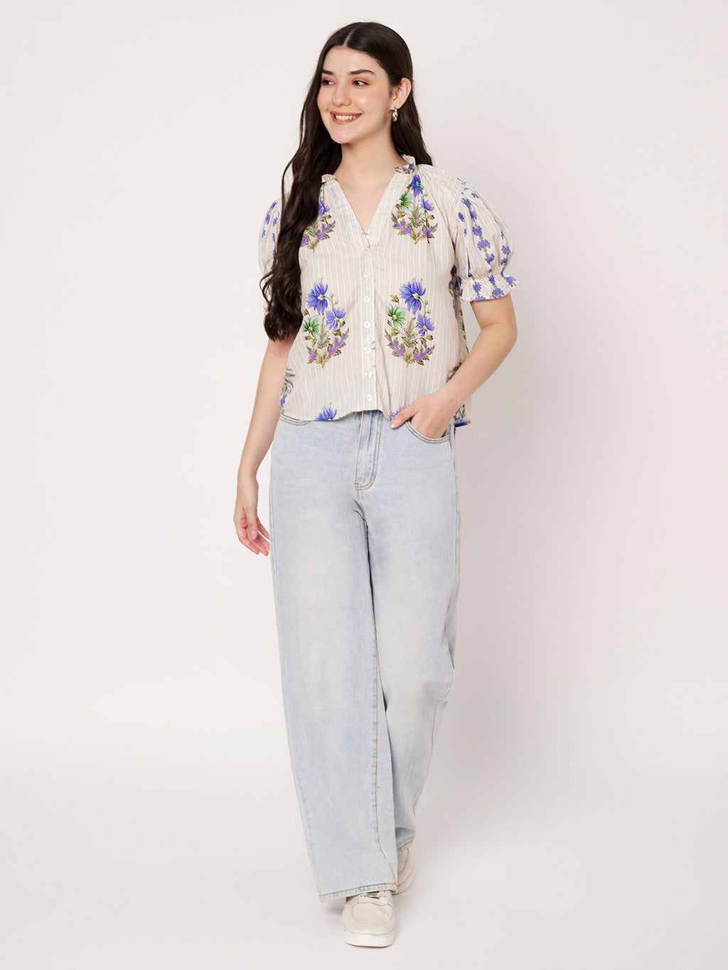Women Off White Floral Printed Cotton Blend Top