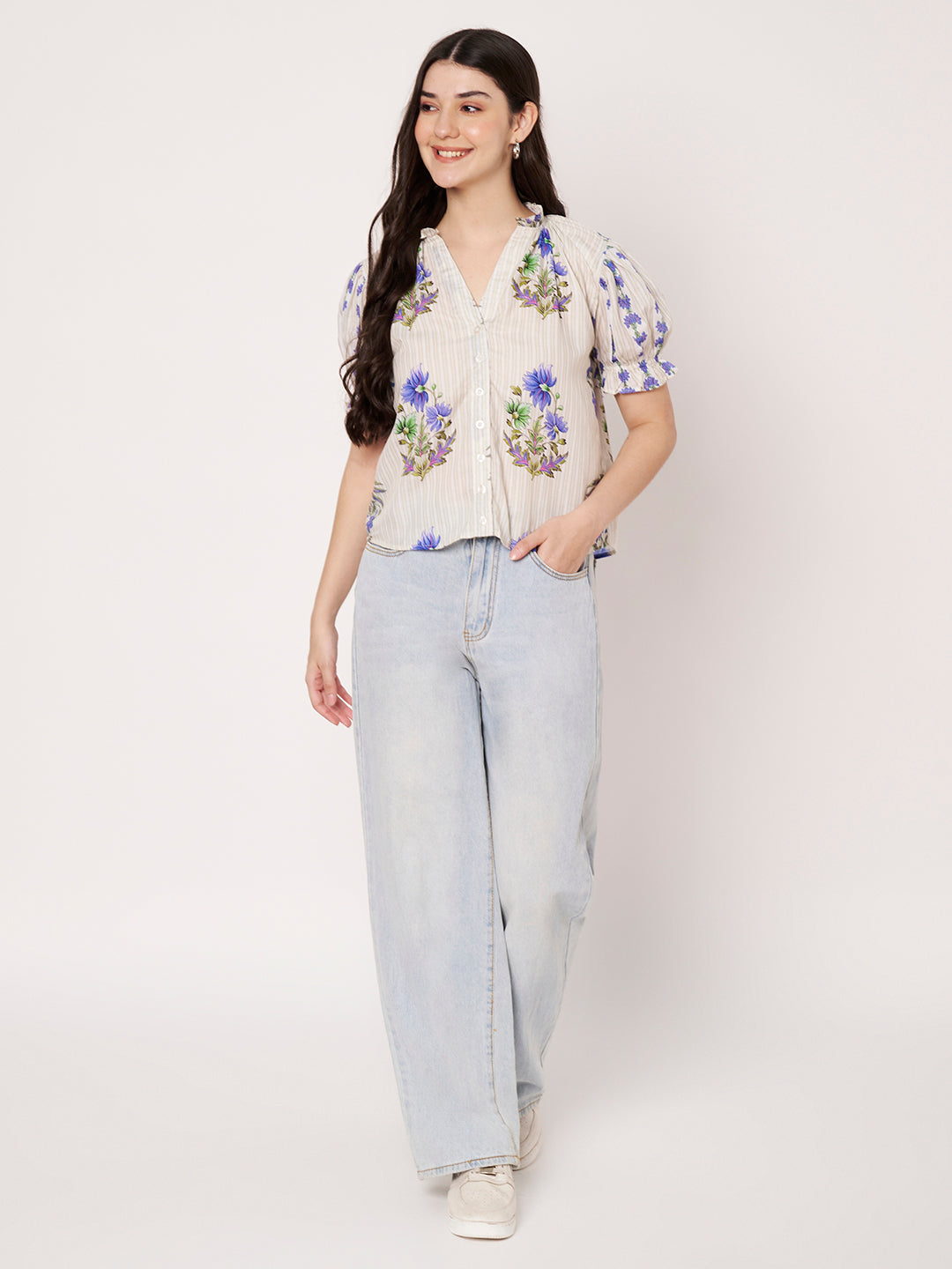 Women Off White Floral Printed Cotton Blend Top