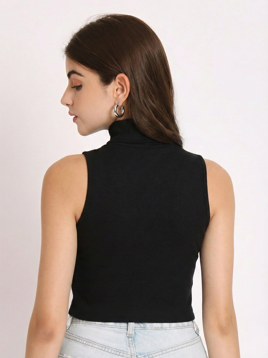 Back view of black sleeveless high neck crop top
