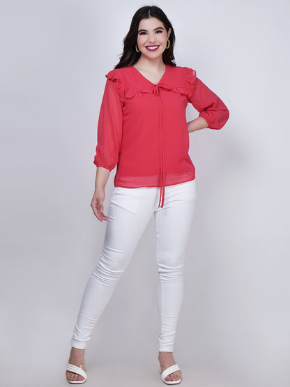 Women's Tie-Up Neck Georgette Red Top