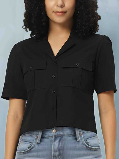 Women Classic Slim Fit Cotton Black Crop Shirt