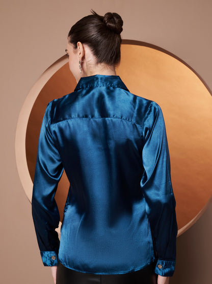 Spread Collar Satin Casual Shirt