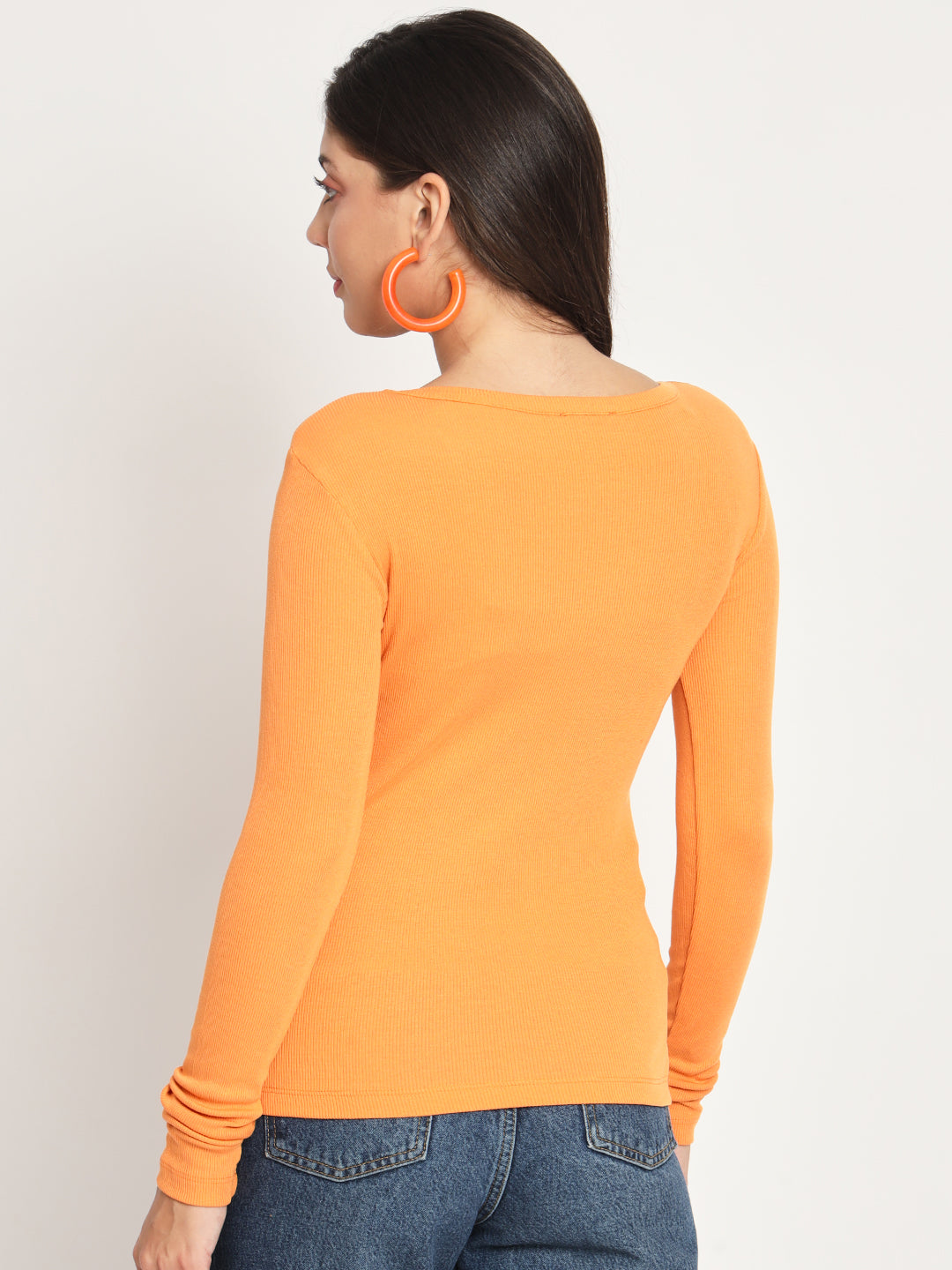 Back view of orange ribbed round neck top