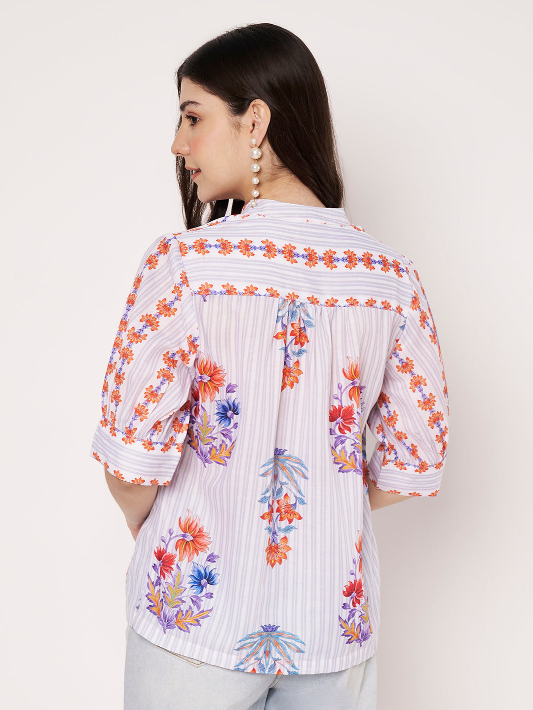 Women White Floral Printed Cotton Blend Top