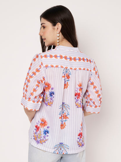 Women White Floral Printed Cotton Blend Top