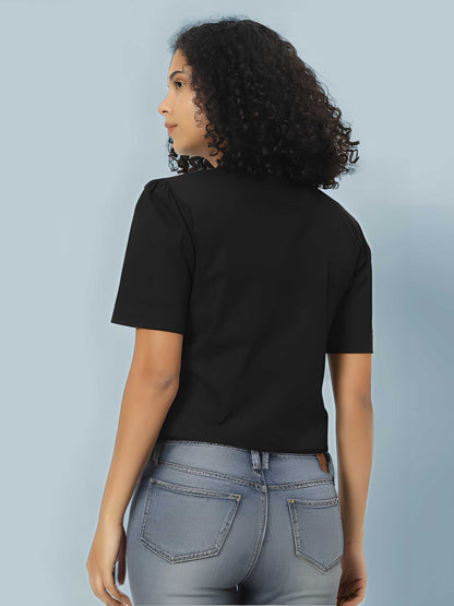 Women Classic Slim Fit Cotton Black Crop Shirt