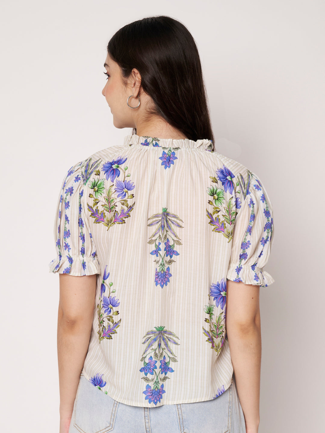 Women Off White Floral Printed Cotton Blend Top